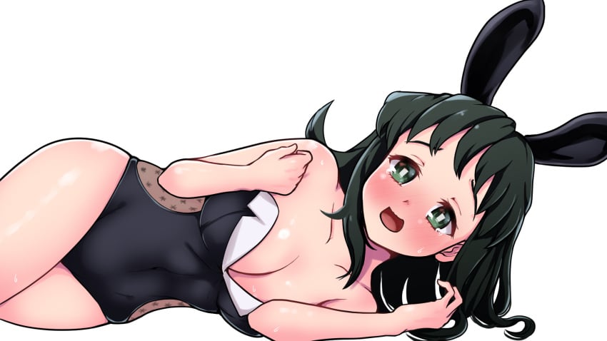 alternate_costume black_hair blush bunny_ears bunnysuit cleavage demon_slayer female female_only green_eyes kimetsu_no_yaiba kwrrrrrr looking_at_viewer makomo on_side open_mouth solo sweat tears