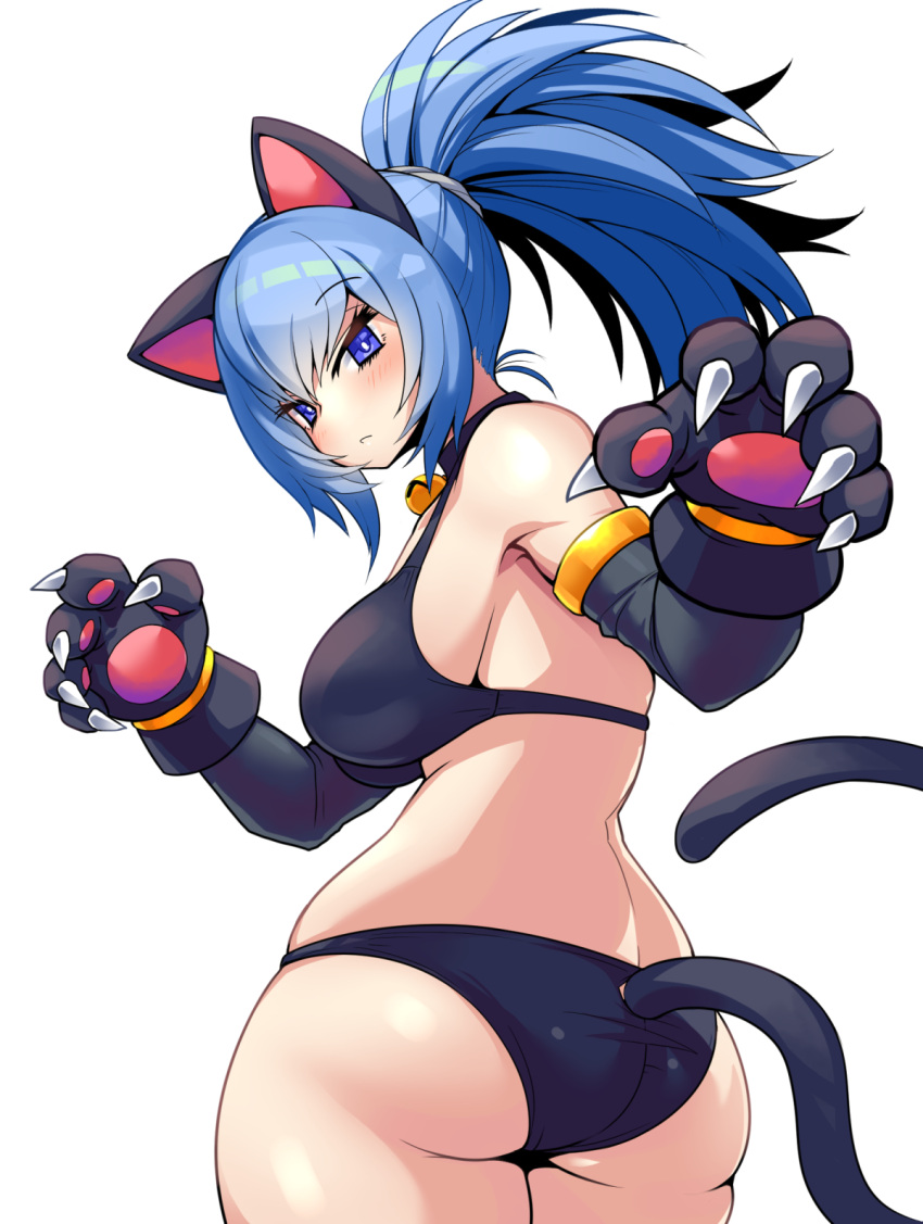 1girls 2021 alternate_costume armlet ass bangs bare_shoulders bikini black_bikini blue_eyes blue_hair breasts cat_ears cat_paws cat_tail elbow_gloves female female_focus female_only gloves highres jingle_bell kara_age king_of_fighters leona_heidern looking_at_viewer matching_hair/eyes metal_slug metal_slug_attack o-ring o-ring_bottom panties pants paw_pose paws ponytail sideboob sleeveless snk snk_heroines:_tag_team_frenzy solo solo_focus swimsuit tail tank_top twisted_torso underwear white_background