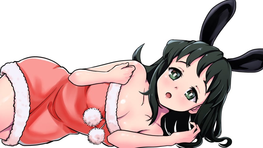 alternate_costume black_hair bunny_ears christmas_outfit demon_slayer female female_only fur_trim green_eyes kimetsu_no_yaiba kwrrrrrr looking_at_viewer makomo on_side open_mouth santa_costume sleeveless solo strapless