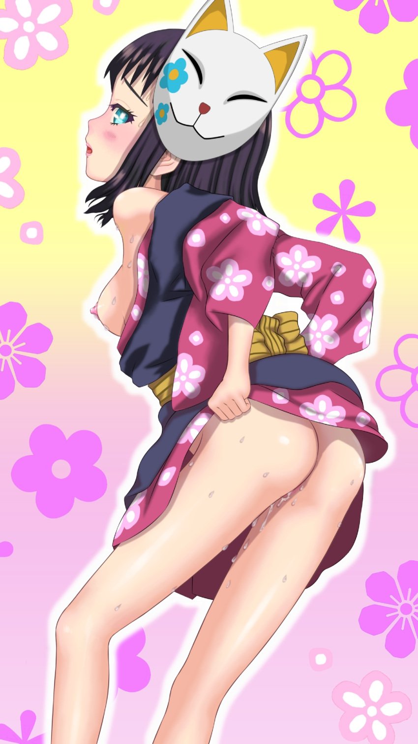 ass black_hair blue_eyes blush demon_slayer female female_only functionally_nude japanese_clothes kimetsu_no_yaiba looking_at_viewer looking_back makomo mask_on_head no_panties presenting skirt_lift small_breasts solo sweat wet_pussy