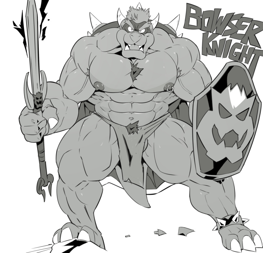 1boy abs anthro bara biceps body_hair bottomwear bowser cape chest_hair claws clothing full_body greyscale hi_res holding_shield holding_sword holding_weapon knight koopa loincloth male male_focus male_only mario_(series) melee_weapon monochrome muscular muscular_anthro muscular_male nintendo nipples pecs scalie shield solo solo_male standing sword teeth thymilph vein veiny_muscles video_games warrior weapon