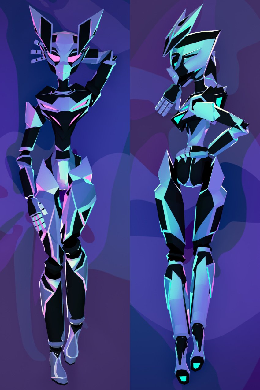 3d 3d_(artwork) anonoxity blender bodypillow dakimakura glowing glowing_eyes glowing_mouth green_eyes low_poly mendicant_bias(anonoxity) mindy_(anonoxity) neon_lights pillow pink_eyes presenting rabbit_ears robot robot_ears robot_girl vera_(anonoxity)