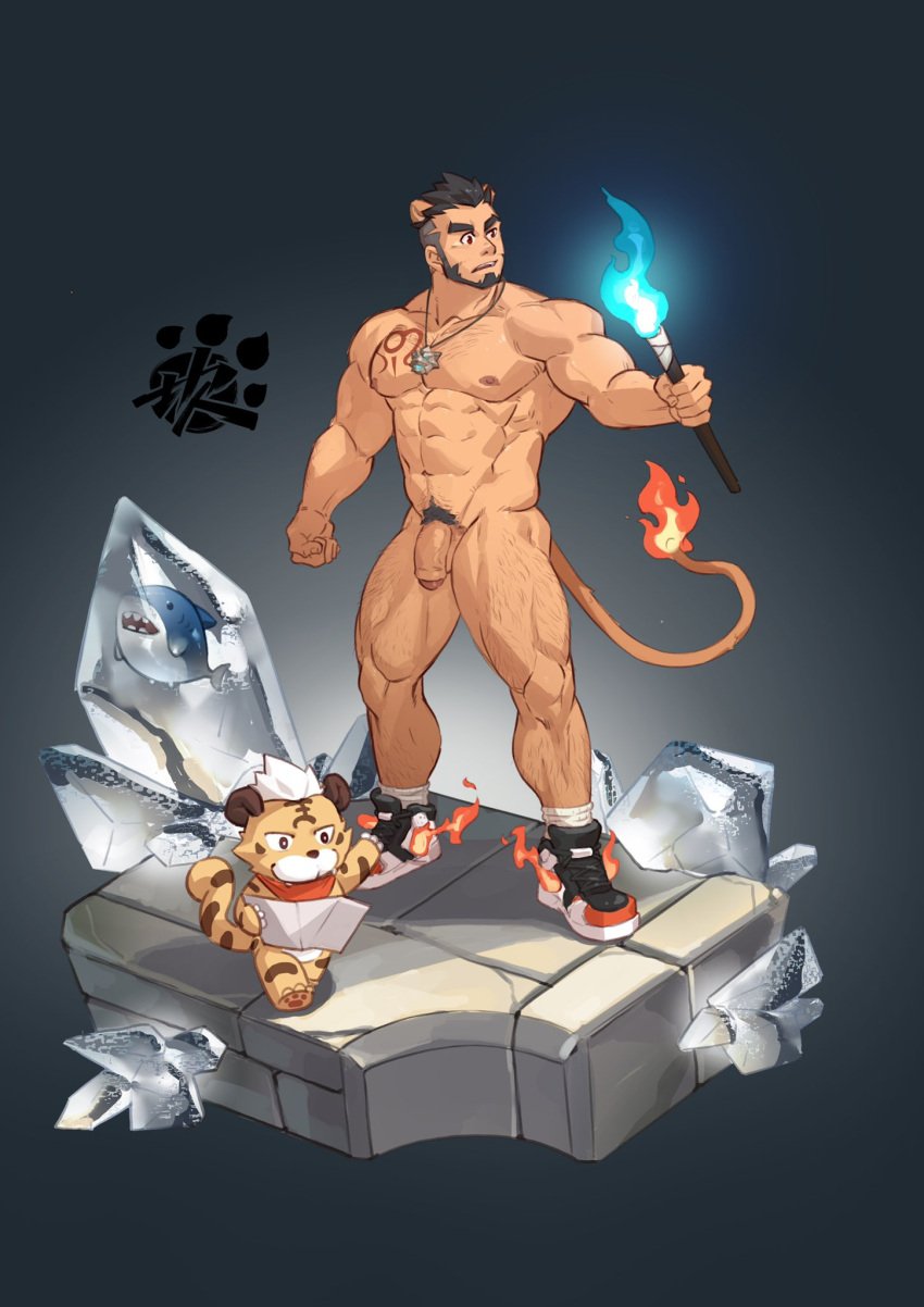 1boy abs alca animal_ears bara beard black_hair chest_hair commission completely_nude dark-skinned_male dark_skin facial_hair flaccid full_body gyee highres lion_boy lion_ears lion_tail male male_focus male_only male_pubic_hair mature_male multi_ear muscular muscular_male navel navel_hair nipples nude original pectorals penis pubic_hair selkiro shoes short_hair sneakers solo standing stomach tail thick_eyebrows uncensored undercut