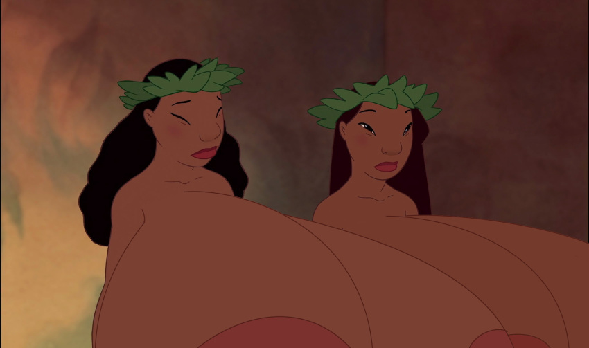 2girls areolae black_hair breasts_bigger_than_body breasts_bigger_than_head dark-skinned_female disney edit gigantic_areola hula hyper_areola hyper_breasts lilo_and_stitch massive_breasts multiple_girls nani_pelekai screenshot_edit