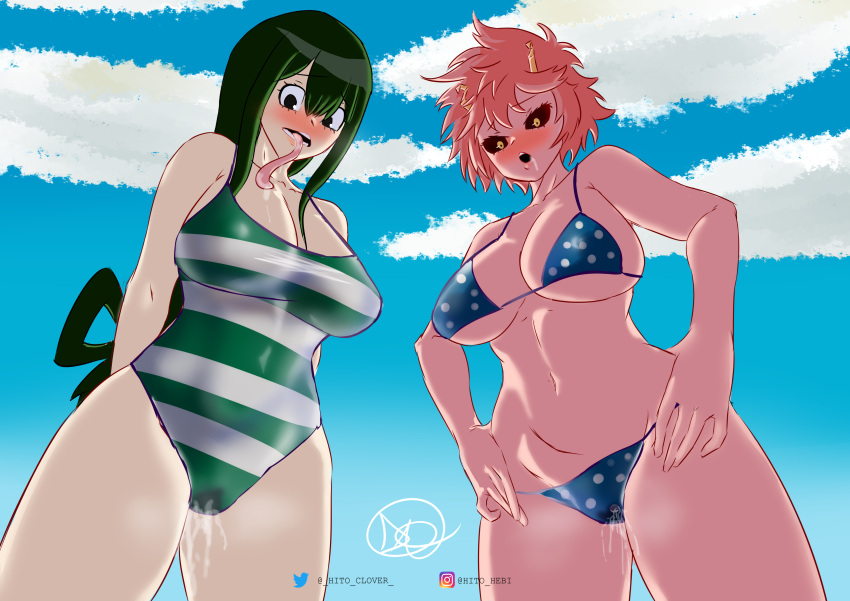 2girls big_breasts bikini black_eyes blush breasts green_hair hito_clover horn horns light_skin long_hair mina_ashido multiple_girls my_hero_academia nipples one-piece_swimsuit pink_hair pink_skin ponytail pussy pussy_juice saliva short_hair swimsuit thighs tongue tongue_out tsuyu_asui yellow_eyes