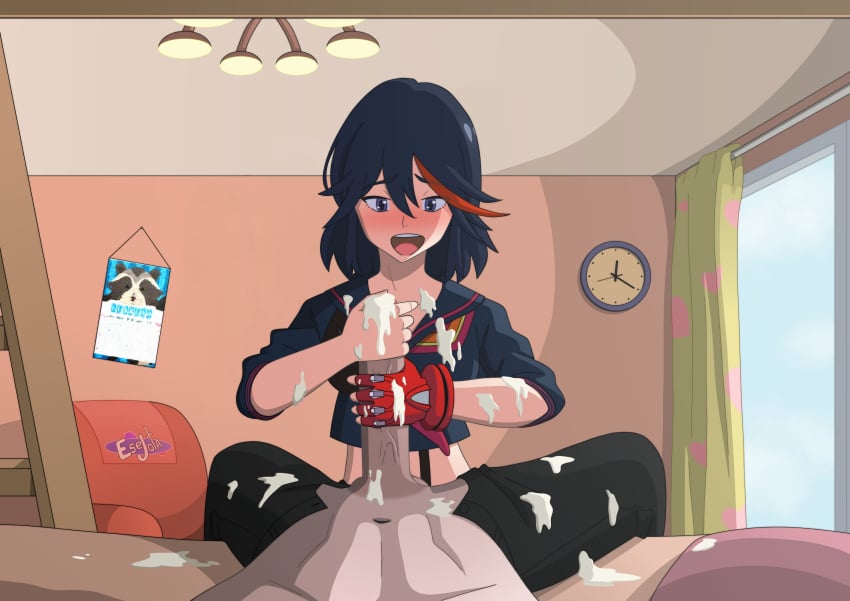 balls bed bedroom cum dress esejota female handjob kill_la_kill matoi_ryuuko penis pov