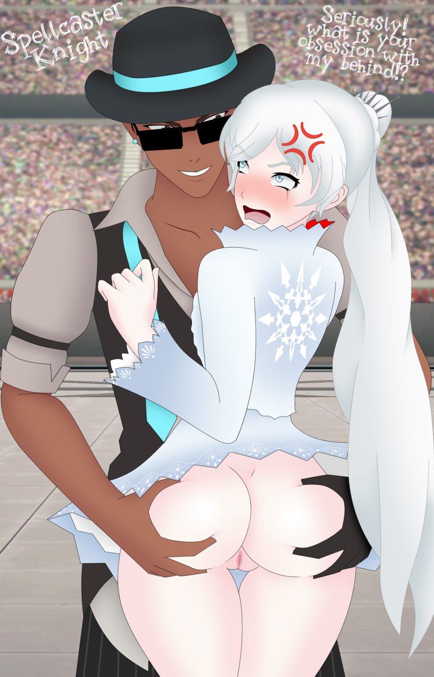 1boy 1girls angry angry_face ass ass_focus ass_grab blue_eyes clothed crack_pairing crack_ship crackship dark-skinned_male dark_skin english_text flynt_coal glove grabbing_ass hat interracial no_panties pale-skinned_female pale_skin public_exposure rooster_teeth rwby scar spellcaster_knight spread_ass stadium straight text vale_outfit weiss_schnee weiss_schnee_(vale) white_hair