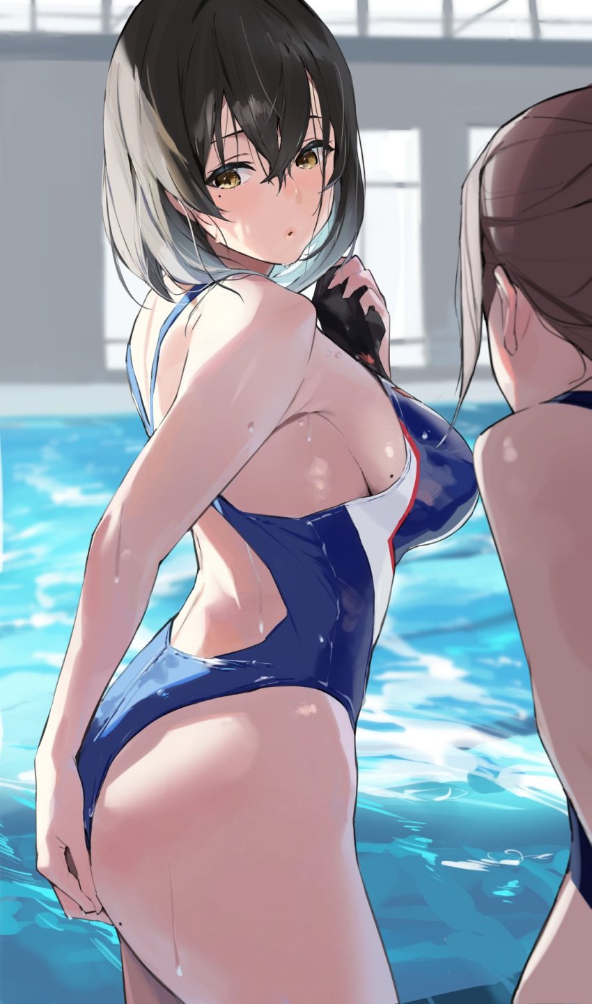 2girls ass black_hair blue_swimsuit breasts brown_eyes competition_swimsuit highleg highleg_swimsuit highres indoors mole mole_on_breast mole_on_thigh mole_under_eye mukai_seira_(sela_god) musunde_hiraite_(mh5jta) one-piece_swimsuit original pool short_hair sideboob solo_focus swimsuit textless