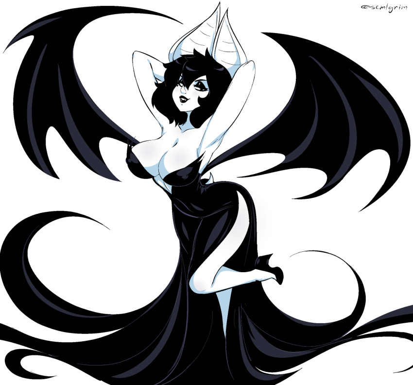 anthro armpits bat bat_ears bat_wings black_hair black_lipstick chiropteran eva_(sem-l-grim) female_focus female_only heels hi_res sem-l-grim vampire white_background white_skin wings