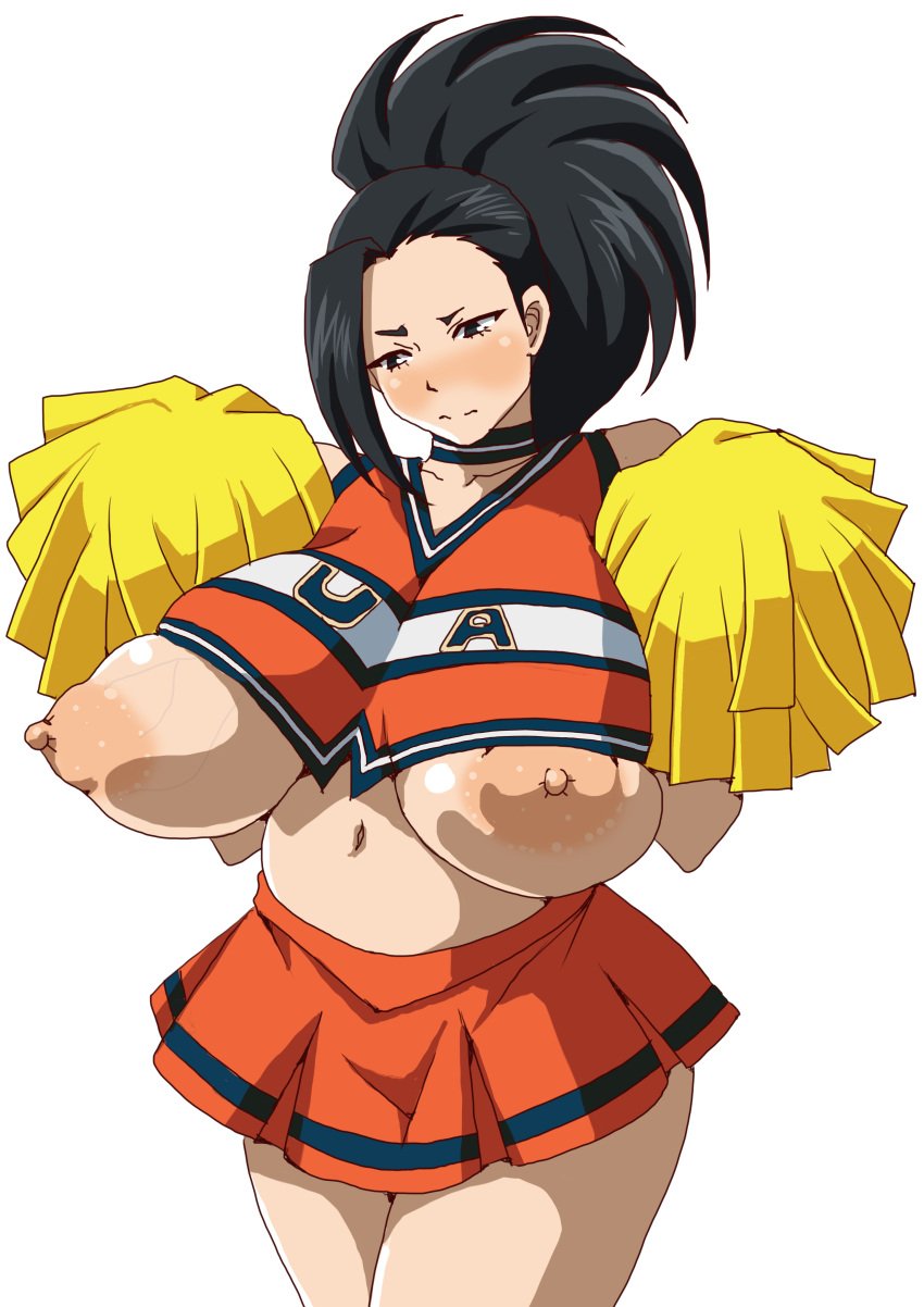 big_breasts black_hair cheerleader exposed_breasts hi_res huge_breasts momo_yaoyorozu my_hero_academia pom_poms sacaprico sagging_breasts solo solo_female wardrobe_malfunction