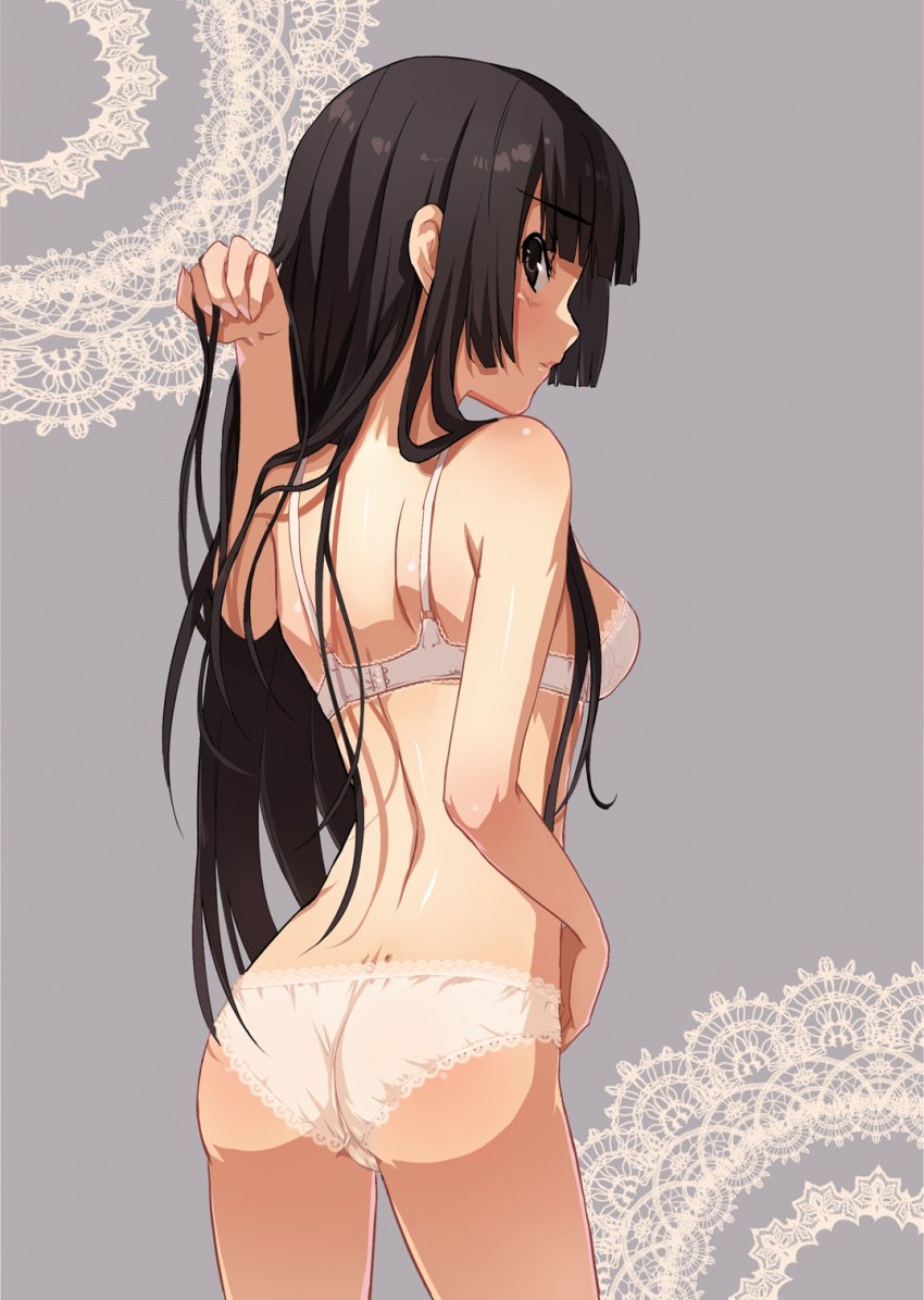 adjusting_hair ass back bad_arm bangs black_eyes black_hair blunt_bangs blush bra breasts clothing dimples_of_venus doily error female from_behind grey_background high_resolution hime_cut k-on! lace lace-trimmed_bra lace-trimmed_panties lace_background lace_trim li_(liras) lingerie long_hair looking_back medium_breasts mio_akiyama_(k-on!) pantsu posterior_cleavage silver_eyes solo tagme underwear underwear_only white_bra white_panties white_underwear window xiangtu