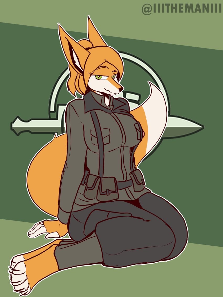 colonial_infantry fox fox_ears foxhole:_persistant_online_warfare furry green_eyes large_breasts military military_uniform orange_fur orange_tail ponytail smug the_man