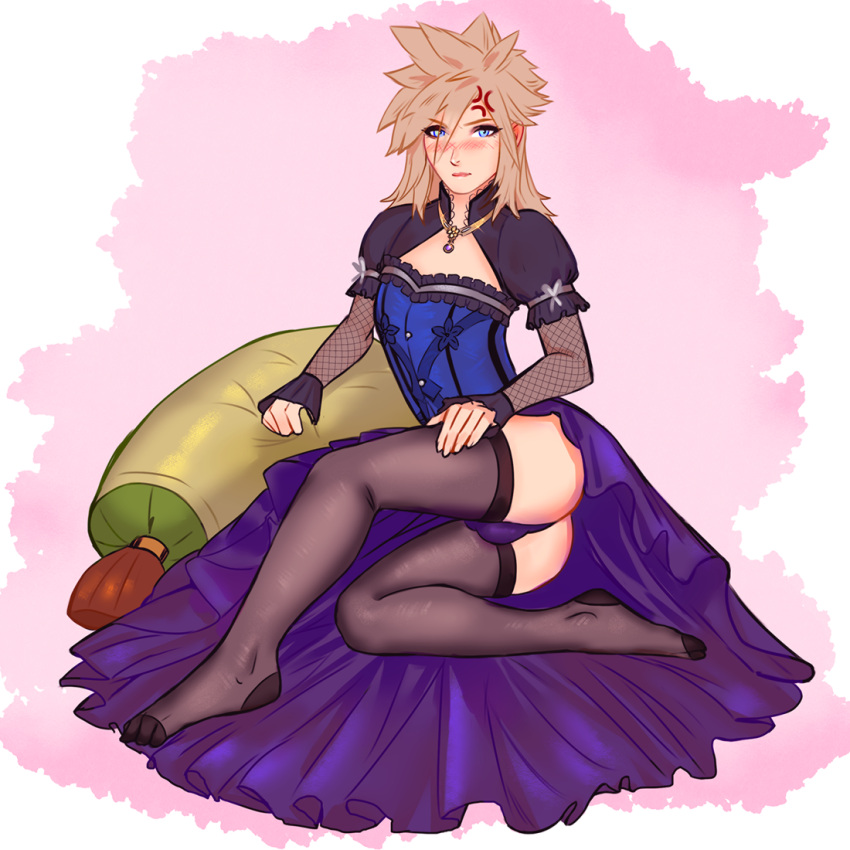 1boy balls balls_in_thong black_armwear black_legwear blonde_hair blue_eyes blush bulge closed_mouth cloud_strife crossdressing dress femboy final_fantasy final_fantasy_vii fishnet_armwear girly jewelry legwear light-skinned_femboy light-skinned_male lying lying_on_side male male_focus male_only mouth_closed necklace no_shoes purple_thong simple_background solo solo_focus solo_male stockings targso thong trap