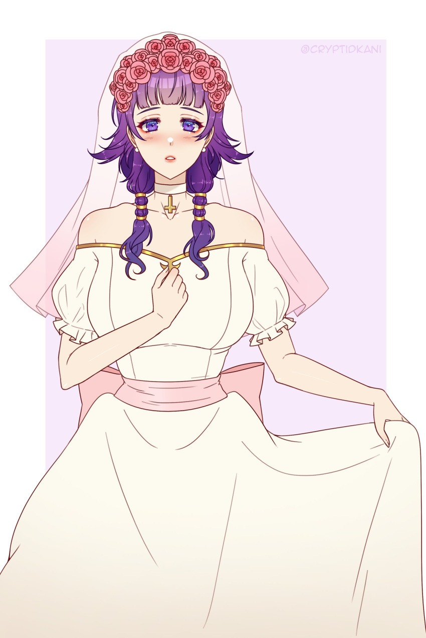 1girls alternate_costume bare_shoulders blush bridal_veil bride collarbone cryptid_crab dress_lift earrings fire_emblem fire_emblem:_the_sacred_stones flower hair_flower large_breasts looking_at_viewer lute_(fire_emblem) medium_hair nintendo purple_eyes purple_hair solo solo_female veil wedding_dress