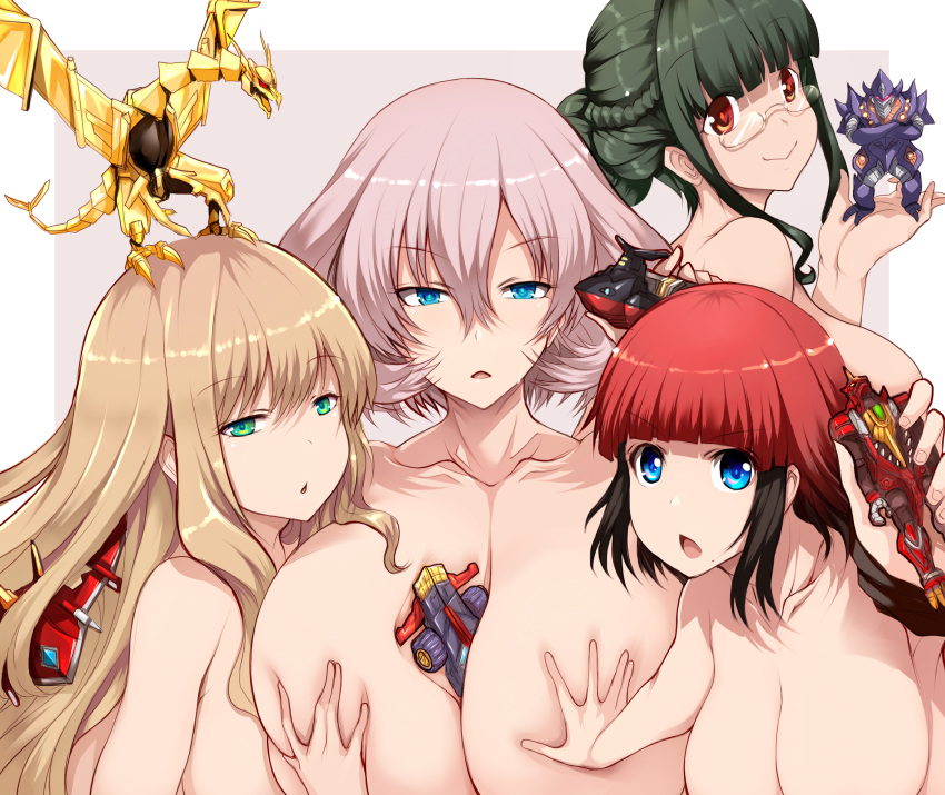 4girls :o alternate_breast_size anosillus_ii anti_(ssss.gridman) asukagawa_chise bangs breast_grab breasts breasts_bigger_than_head brown_hair closed_mouth collarbone commentary_request dynazenon_(character) eyebrows_visible_through_hair genshiken glasses goldburn grabbing green_eyes green_hair gridknight_(ssss.gridman) gridman_universe hair_between_eyes hair_down highres huge_breasts large_breasts long_hair looking_at_viewer minami_yume mujina multiple_girls nude pink_hair red_eyes red_hair short_hair smile ssss.dynazenon tsukasawa_takamatsu upper_body