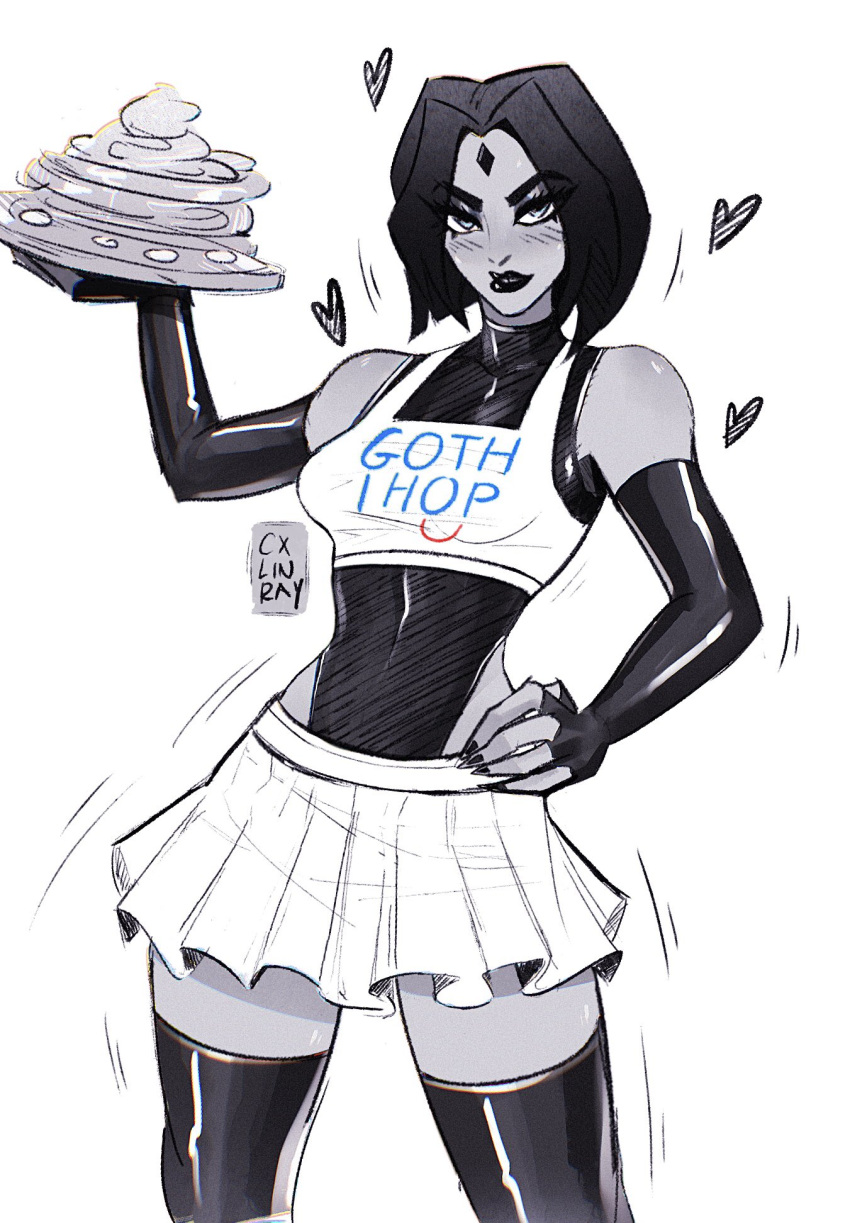 1girls artist_request black_hair black_lipstick blush cxlinray dc dc_comics elbow_gloves english_text female female_only forehead_jewel fully_clothed goth goth_ihop hand_on_hip heart holding_plate ihop latex looking_at_viewer plate rachel_roth raven_(dc) skirt small_breasts solo straight_hair teen_titans text thighhighs waitress waitress_uniform white_background