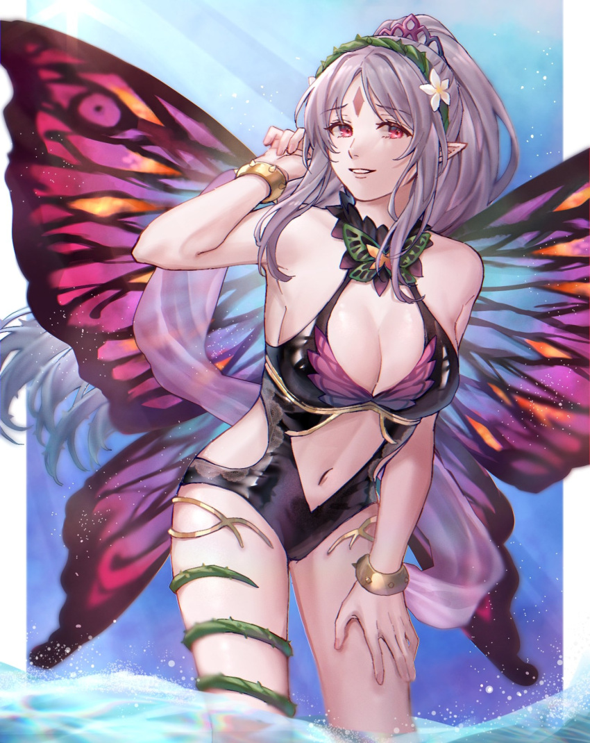 1girls adjusting_hair ai_tkkm alternate_costume bare_legs black_swimsuit cleavage fairy fairy_wings fire_emblem fire_emblem_heroes green_hair grin large_breasts long_hair nintendo one-piece_swimsuit plumeria_(fire_emblem) plumeria_(summer)_(fire_emblem) ponytail red_eyes smile solo solo_female swimsuit very_long_hair wings