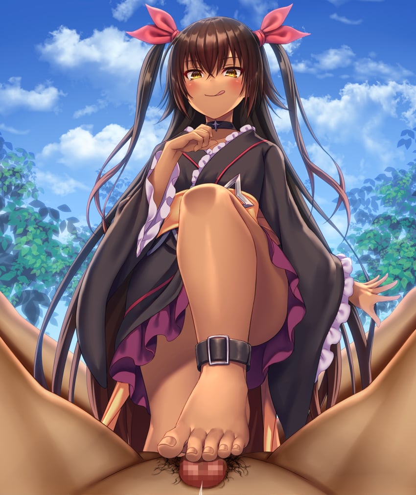 asisuki barefoot dark-skinned_female ejaculation feet femdom footjob licking_lips master_nemesis small_breasts small_penis to_love-ru to_love-ru_darkness toes twintails viewed_from_below