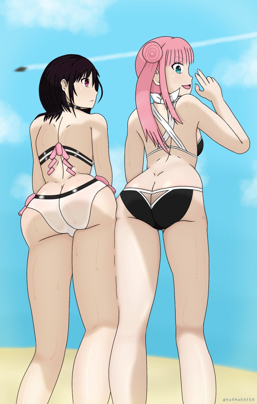 2girls ass ayakashi_triangle back beach bikini black_hair blue_eyes kanade_suzu korogi_reo legs looking_back pink_eyes pink_hair see-through short_hair sweat swimsuit thick_thighs thighs twintails yorhaeater