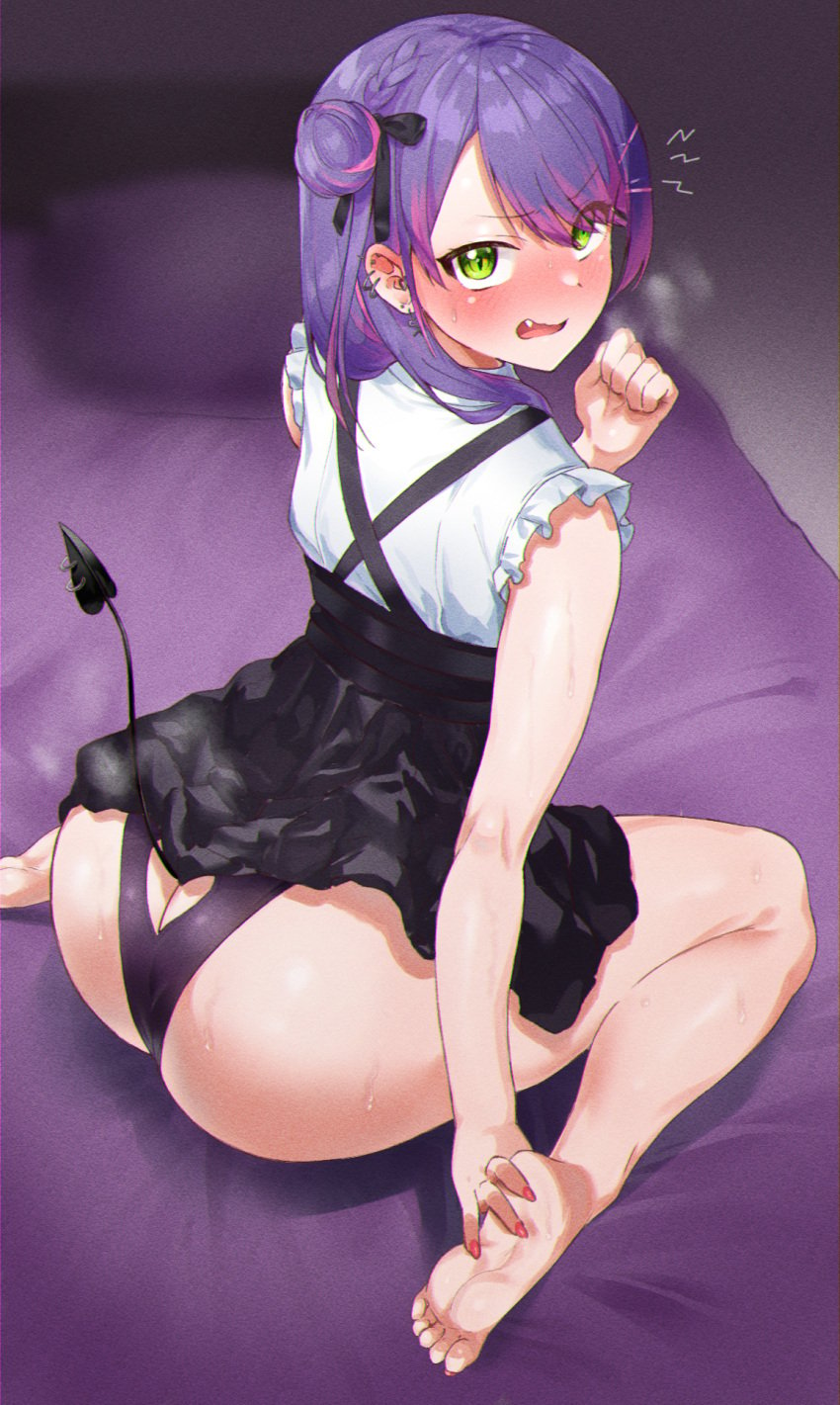 ass ass_cleavage ass_cutout blush butt_crack clothing_cutout d: demon_tail dress earrings embarrassed error female frikulu full-face_blush green_eyes hair_bun heart_cutout highres holoforce hololive hololive_japan jewelry nail_polish oerba_yun_fang open_mouth purple_hair sitting skirt sweat tail tokoyami_towa virtual_youtuber wariza