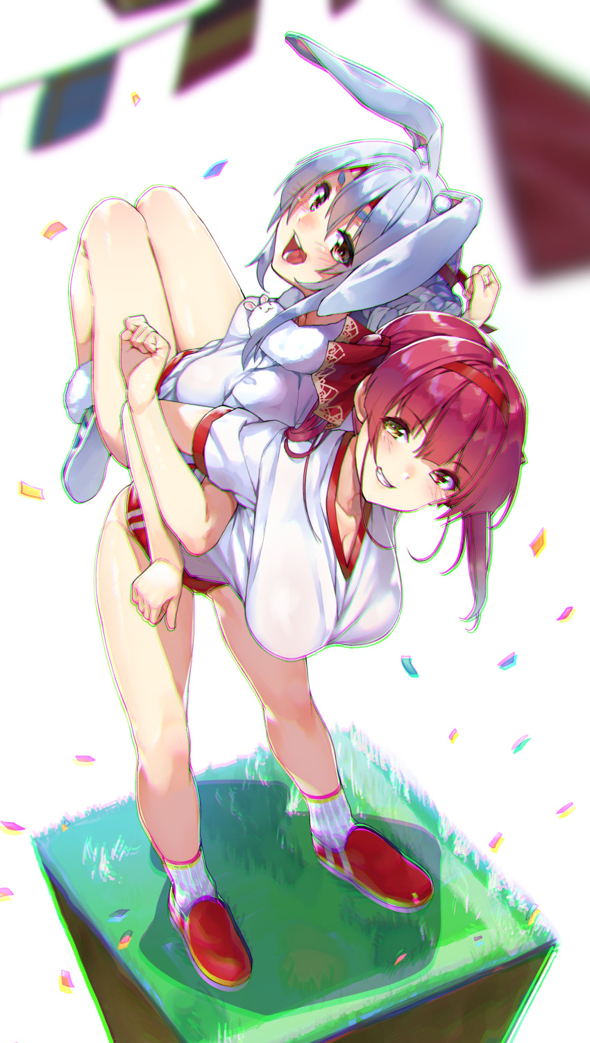 2girls absurdres animal_ear_fluff animal_ears back-to-back bare_legs blue_hair blush breasts bunny_ears buruma chromatic_aberration cleavage commentary_request confetti exercise eyebrows_visible_through_hair grin gym_uniform hair_intakes hair_ribbon hairband head_tilt heterochromia highres hololive houshou_marine koubou_(cowbow_kun) large_breasts locked_arms looking_at_viewer massive_breasts medium_hair multiple_girls on_person open_mouth outdoors red_buruma red_eyes red_footwear red_hair red_ribbon ribbon shoes smile sneakers socks sports_festival sportswear streamers stretch symbol-shaped_pupils teeth thick_eyebrows twintails underwear usada_pekora virtual_youtuber white_legwear yellow_eyes