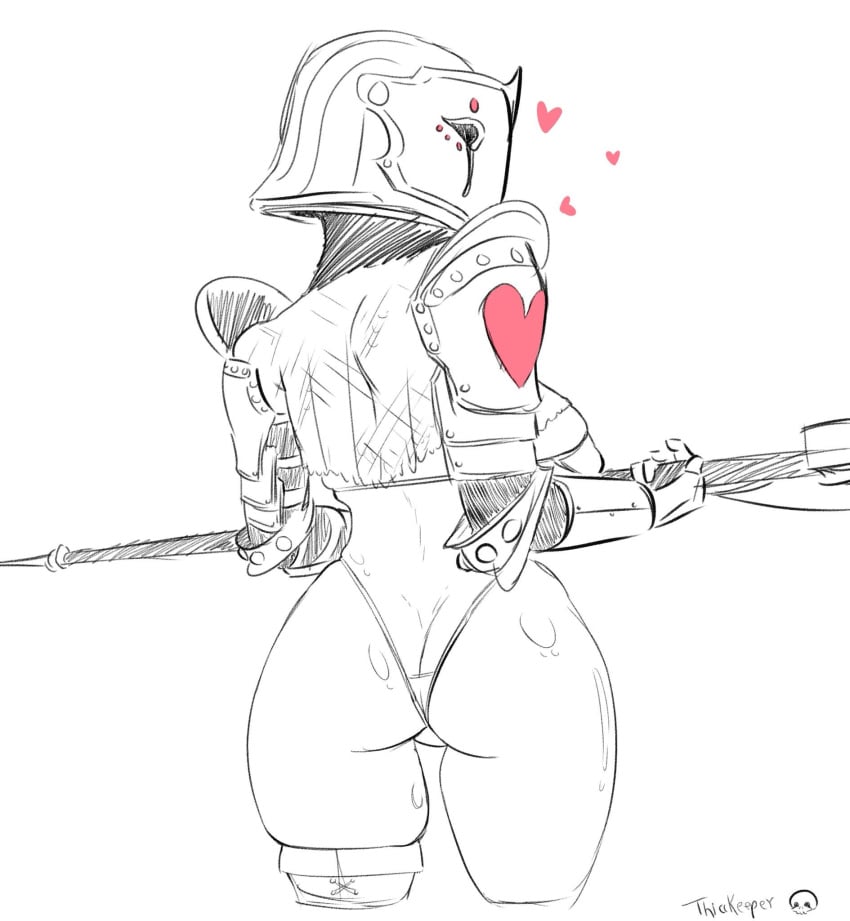 armor ass dat_ass female for_honor heart helmet hi_res lawbringer_(for_honor) looking_back medieval_armour monochrome polearm rule_63 sketch solo thicckeeper thick_thighs thong video_games