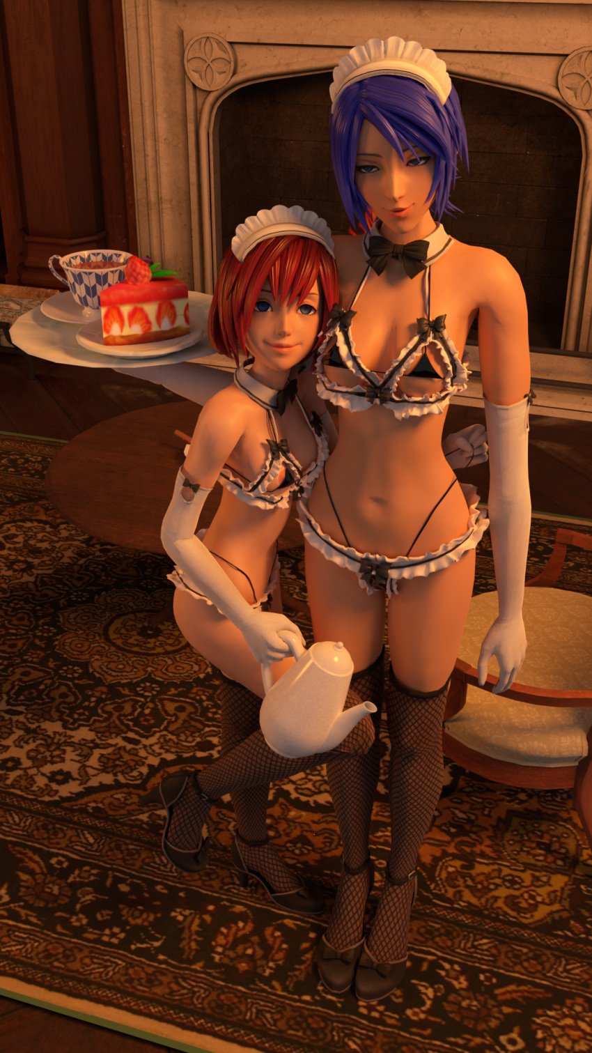 2girls 3d 3d_(artwork) aqua_(kingdom_hearts) areola areola_slip areolae areolae_slip arm_gloves arm_sleeves armwear bikini black_bikini black_bikini_bottom black_bikini_top blue_eyes blue_hair bow bowtie breasts collar cup detailed_background disney eye_contact eyebrows eyelashes female female_focus female_only fishnet fishnet_legwear fishnet_stockings fishnets fit fit_female food frill frilled_bikini frills height_difference high_heels holding holding_object holding_plate kairi kettle kingdom_hearts looking_at_viewer maid maid_bikini maid_headdress maid_outfit maid_uniform medium_breasts micro_bikini navel nipple_bulge plate red_hair shiny shiny_hair shiny_skin short_hair small_breasts square_enix standing standing_on_one_leg thong_bikini usbsantiago