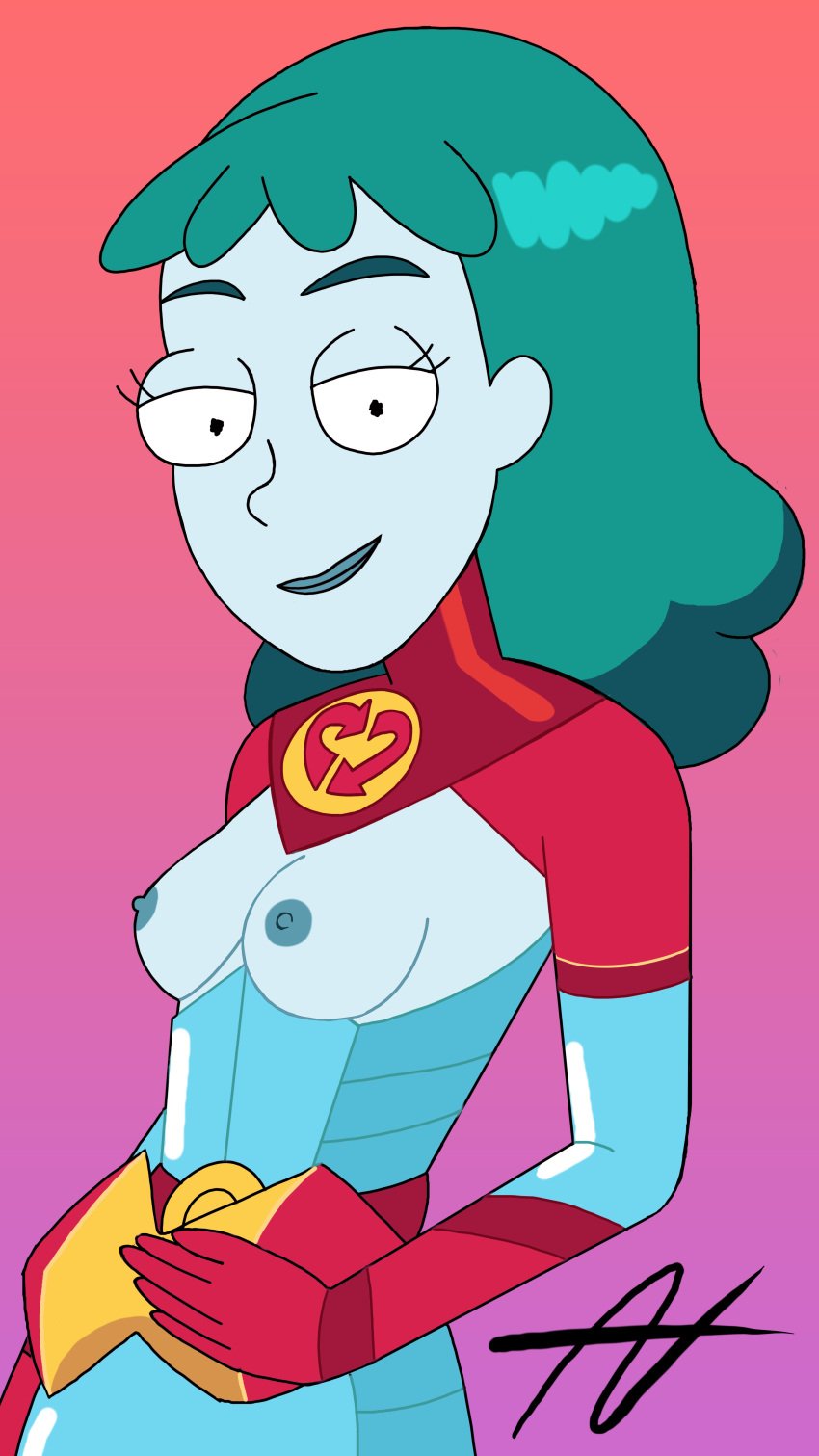 breasts exposed_breasts female female_focus female_only green_hair long_hair nipples nude pixzuri planetina rick_and_morty seductive seductive_smile showing_off small_breasts smile smiling straight superhero superheroine undressing