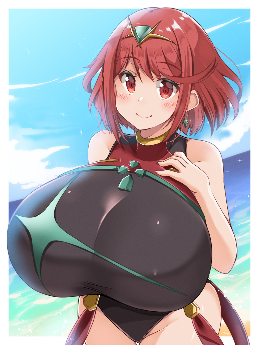 1girls bangs beach black_swimsuit breasts chest_jewel competition_swimsuit covered_collarbone covered_navel gigantic_breasts headpiece highres huge_breasts kurocaze looking_at_viewer one-piece_swimsuit pyra red_eyes red_hair red_swimsuit smiling solo strapless strapless_swimsuit swept_bangs swimsuit tiara two-tone_swimsuit water xenoblade_(series) xenoblade_chronicles_2