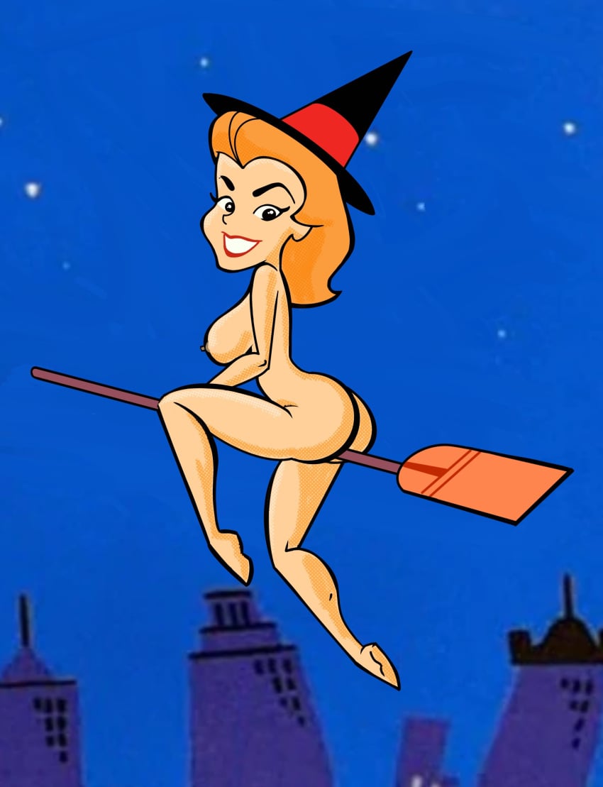 1girls bewitched black_headwear broom broom_riding broomstick curvy_female erect_nipples flying full_body grin hat headwear_only lipstick long_hair looking_at_viewer medium_breasts night nude_female orange_hair outdoors pizzalazerbot pointy_hat samantha_stephens smile solo starry_sky witch witch_hat