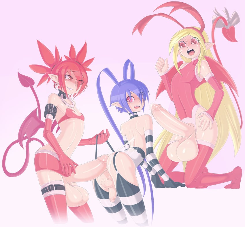 3boys backsack balls bent_over big_balls blonde_hair blue_hair cum disgaea ejaculation erection etna femboy flat_chest flonne flonne_(fallen_angel) gloves highres huge_balls huge_cock huge_testicles humanoid humanoid_penis imminent_anal imminent_oral imminent_spitroast laharl light_skin male malesub multiple_boys necrosmos open_mouth pale_skin penis penis_size_difference pointy_ears red_hair rule_63 size_difference small_penis tail testicles thighhighs trap uncensored wings