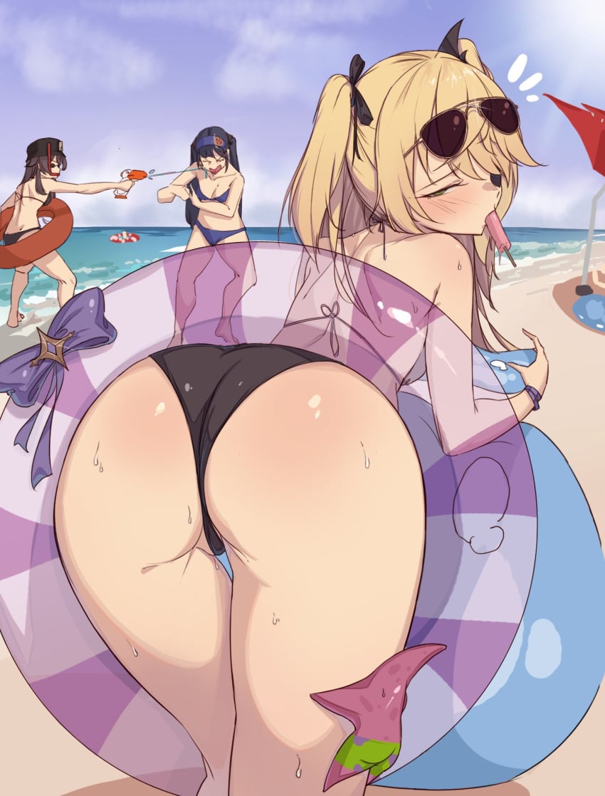 3girls ass ass_focus beach bent_over bikini blonde_hair blush eyepatch eyewear_on_head female firearm fischl_(genshin_impact) from_behind genshin_impact green_eyes gun handgun hi_res hu_tao_(genshin_impact) human kkry99 looking_at_viewer mona_(genshin_impact) pale_skin patrick_star slime slime_monster spongebob_squarepants starfish straight_hair sunglasses sunglasses_on_head sweat swimwear twintails water_gun weapon