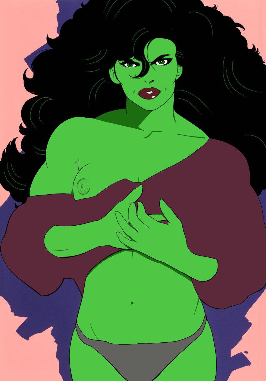 1girls black_hair female female_only fine_art_parody green-skinned_female green_body green_eyes green_skin grey_panties hulk_(series) marvel marvel_comics medium_breasts nipples on_model one_breast_out pizzalazerbot she-hulk solo