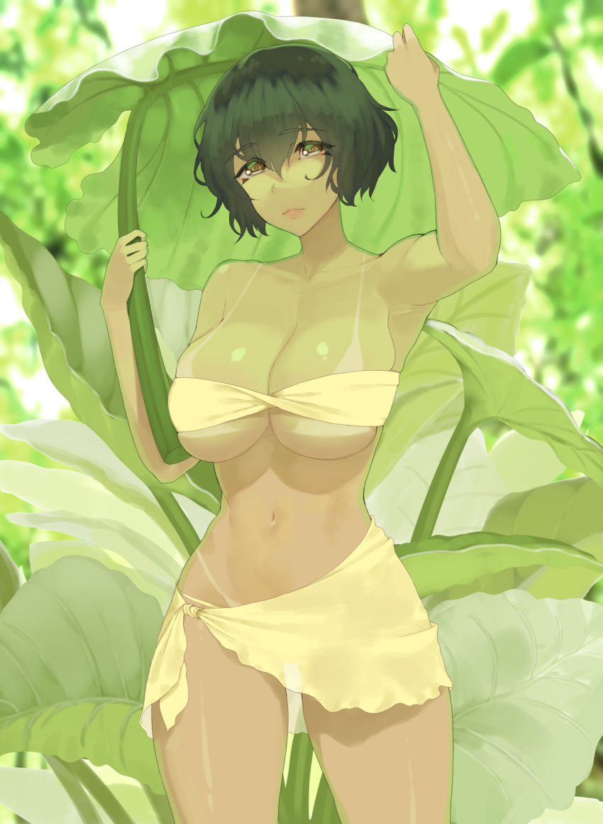 bandeau breasts brown_eyes cleavage closed_mouth cowboy_shot female green_hair highres large_breasts leaf original outdoors sarong short_hair solo tan tanline throtem