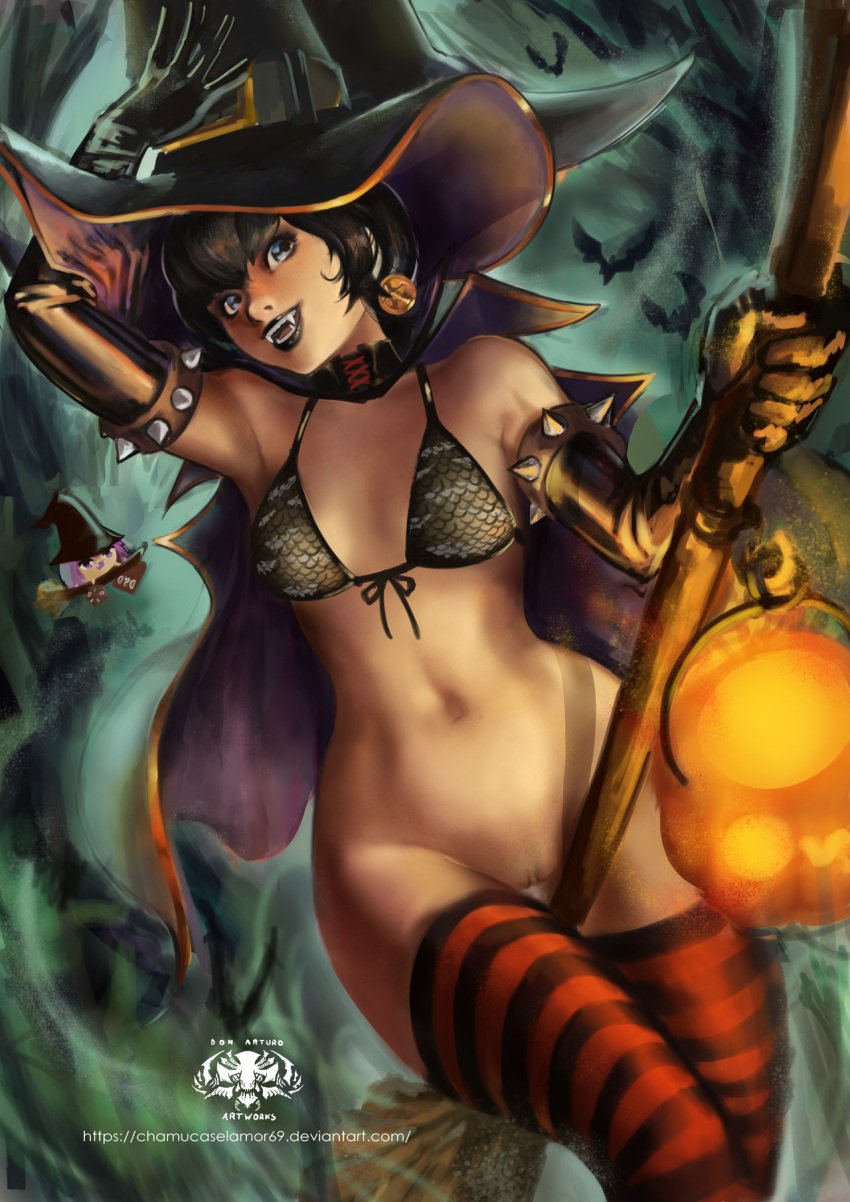 1girls background bare_shoulders bat bikini_top black_dress black_hair black_lipstick blue_eyes bottomless breasts broom cape chamucasdelamor69 dress elbow_gloves fang fangs gloves halloween hat hotel_transylvania jack-o'-lantern lipstick looking_at_viewer mavis_dracula medium_breasts navel panties pussy short_hair solo tagme thighhighs vampire witch witch_hat