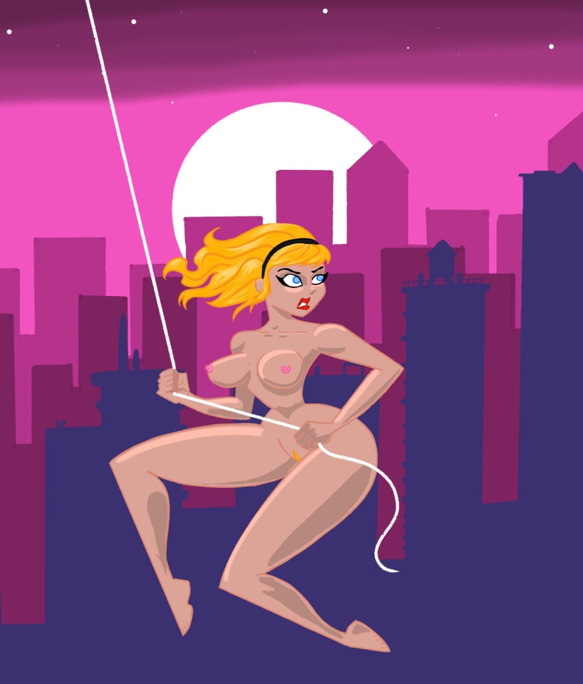 1girls blonde_hair blue_eyes city female gwen_stacy hairband headband large_breasts lipstick long_hair marvel nude pizzalazerbot red_lipstick solo spider-gwen spider-man_(series) sunset swinging wide_hips