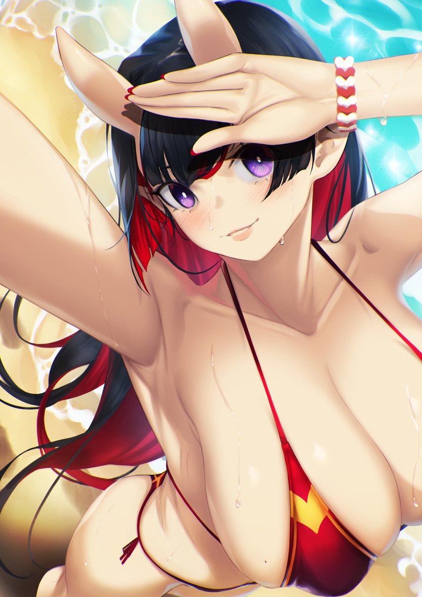 1girls armpits arms_up ass bare_shoulders beach bikini black_hair blueorca blush bracelet breasts cleavage day female highres horns jewelry large_breasts lips long_hair multicolored_hair nail_polish oni oni_horns outdoors parted_lips purple_eyes red_hair smile solo swimsuit water wet white_pupils