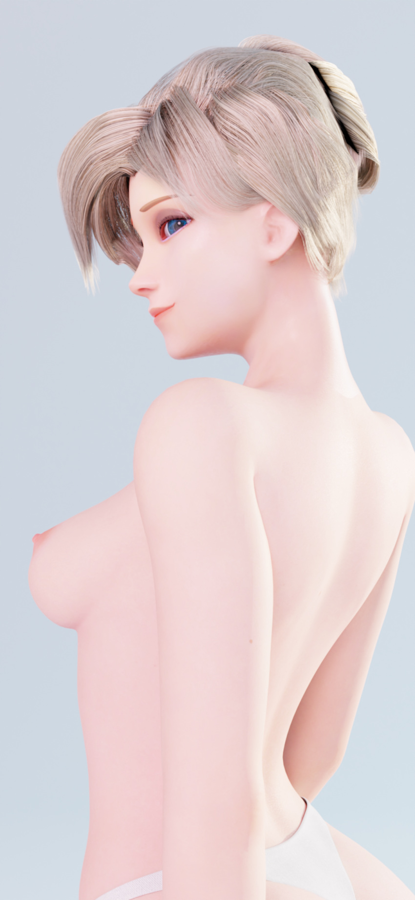 1girls 3d blonde_hair blue_eyes exposed_breasts exposed_nipples highres looking_back mercy nude overwatch sideboob swiss_angel