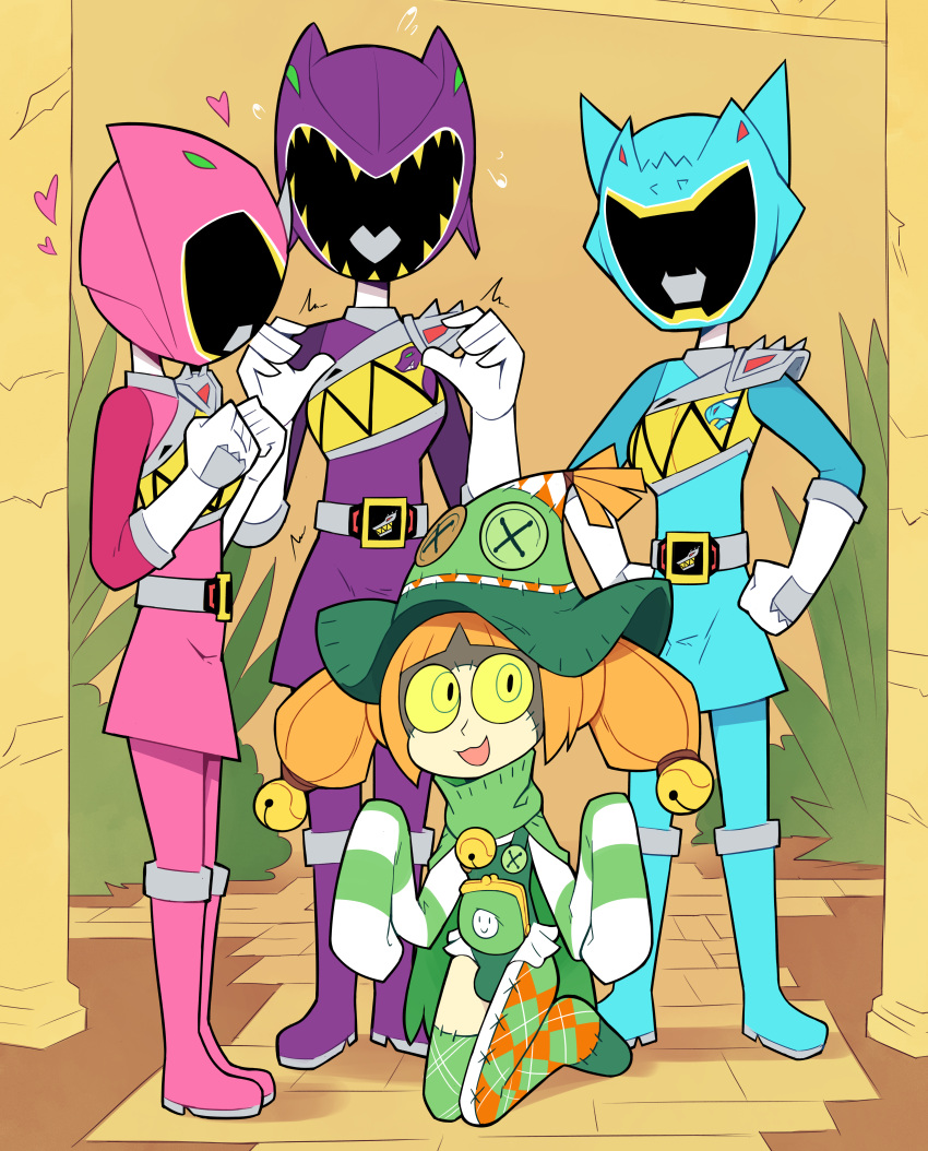 1boy 3futas bulge clothed clothing femboy fully_clothed futanari hat helmet human light-skinned_male light_skin luckyuro male miscon orange_fur pale_skin standing super_sentai tagme yellow_eyes zyuden_sentai_kyoryuger