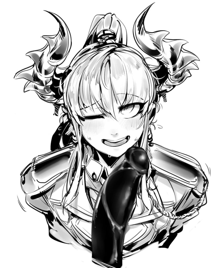 1boy bad_id bad_pixiv_id bangs demon_boy demon_horns doppel eyebrows_visible_through_hair greyscale highres horns long_hair looking_at_viewer male_focus monochrome one_eye_closed open_mouth original penis ponytail ruby_(nox) sidelocks simple_background smile sweat