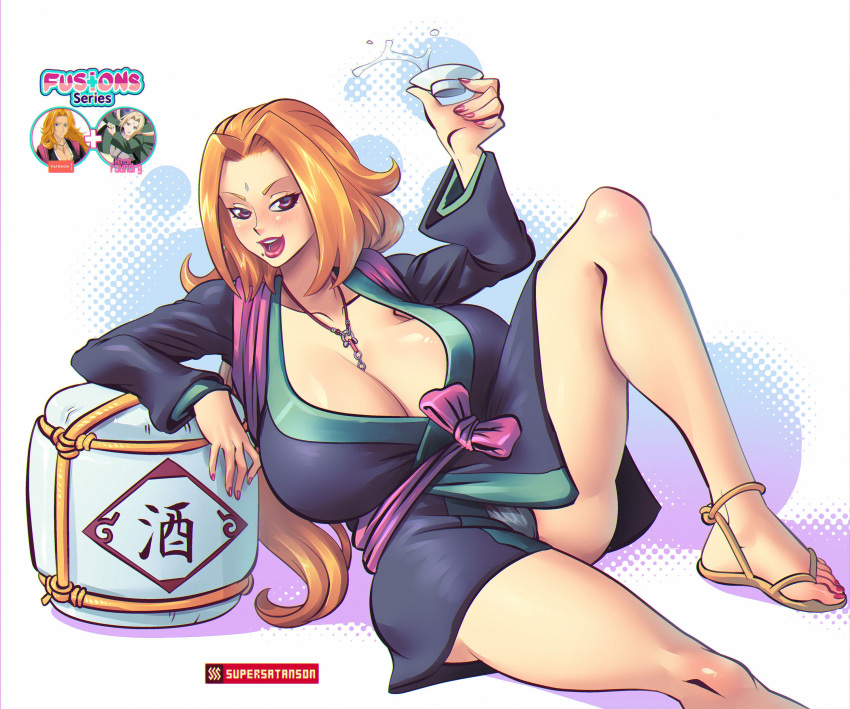 1girls absurdres bleach blush breasts crossover drink drunk feet female female_only fusion highres huge_breasts hypothetical_fusion looking_at_viewer matsumoto_rangiku nail_polish naruto sandals shounen_jump solo supersatanson text thick_thighs toes tsunade watermark wide_hips