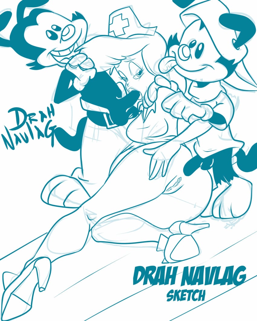 1girls 2boys anal animaniacs blonde_hair drah_navlag fellatio female hello_nurse male monochrome multiple_boys nurse sketch tongue_out toon wakko_warner yakko_warner