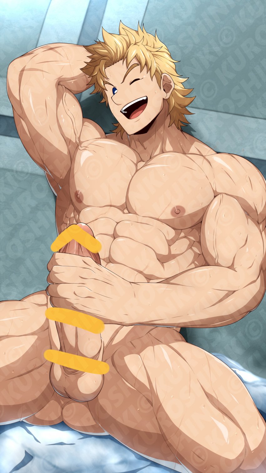 1boy 1male :d abs alternate_hairstyle armpits ass balls bar_censor bara beating_off belt big_balls big_penis blonde_hair blue_eyes boner censored completely_naked completely_nude erect_nipples erect_penis erection hairless_balls hard_on head_tilt highres imminent_orgasm jacking_off jerking jerkingoff kuroshinki large_penis looking_at_viewer looking_pleasured male_focus male_masturbation male_nipples male_only manly masturbating masturbation mirio_togata muscles muscular muscular_male my_hero_academia navel nipples nude nude_male one-handed_masturbation one_eye_closed open_mouth pecs pectorals penile_masturbation penis reward_available scar_on_arm short_hair sitting sitting_down smile solo solo_male spiked_hair spread_legs stiffy stomach stroking stroking_cock stroking_penis sweat veins veiny_muscles veiny_penis wanking watermark wet