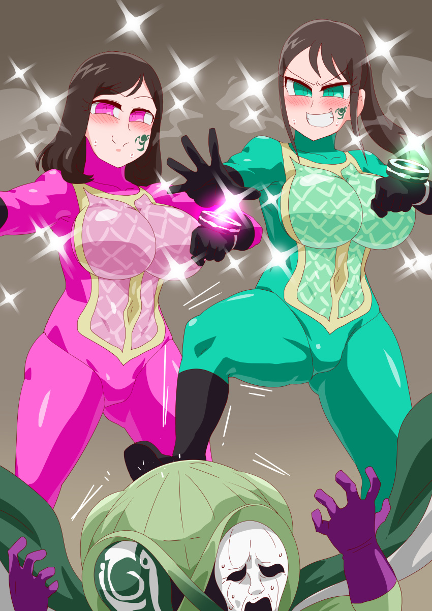 big_breasts big_thighs black_boots black_gloves blush blush bodysuit boots breasts brown_background brown_hair cape curvaceous curvy curvy_female curvy_figure eyebrows face_tattoo fist gloves green_bodysuit green_cape green_eyes green_tattoo hayami_sena heroine long_hair mashin_sentai_kiramager monster ooharu_sayo otokam1117 pink_bodysuit pink_eyes ponytail purple_gloves sayo_ooharu sena_hayami shoulder_length_hair skintight skintight_bodysuit skintight_clothing skintight_suit smiling smug smug_face smug_grin sparkle stepping stepping_on_head super_sentai superheroine sweat sweatdrop tattoo teeth teeth_showing thick_thighs tight_clothes tight_clothing tight_fit tokusatsu voluptuous