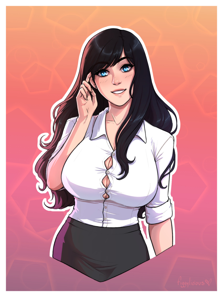 big_breasts black_hair blue_eyes button_down_shirt buttons cleavage figgylicious hair long_hair selina_(denesta) smile solo straining_buttons tight_clothing