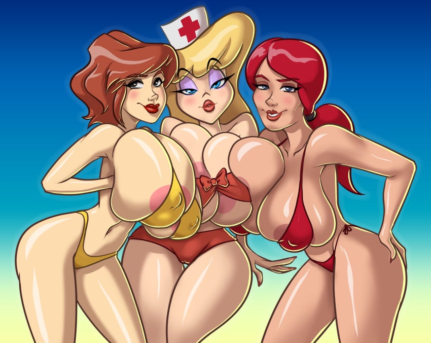 3girls animaniacs april_o'neil april_o'neil_(tmnt_1987) auburn_hair bandeau_bikini bikini blonde_hair blue_eyes breasts_to_breasts cbs_(broadcasting_company) crossover erect_nipples erect_nipples_under_clothes eyeshadow g.i._joe grabbing_own_breast hand_on_ass hanging_breasts hasbro hello_nurse hourglass_figure huge_breasts light-skinned_female light_skin lipstick long_hair micro_bikini multiple_girls nipple_slip nurse_cap phazyn pinup png ponytail red_hair red_lipstick scarlett_(g.i._joe) seductive_look seductive_smile short_hair squeezing_breast teenage_mutant_ninja_turtles thong_bikini threesome tmnt_1987 warner_brothers wide_hips