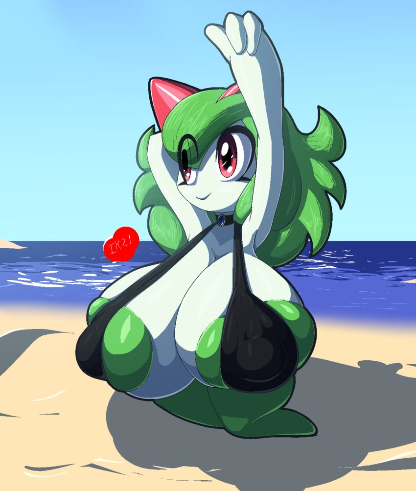 areola areola_slip beach big_areola big_breasts breasts clothing emillie_(zanbonsen) female furry green_hair hair heart hi_res huge_areolae huge_breasts humanoid kirlia nintendo nipples pokémon_(species) pokemon pokemon_(species) puffy_areola puffy_nipples red_eyes seaside shortstack sitting smile solo stretching swimwear thick_thighs video_games zanbonsen