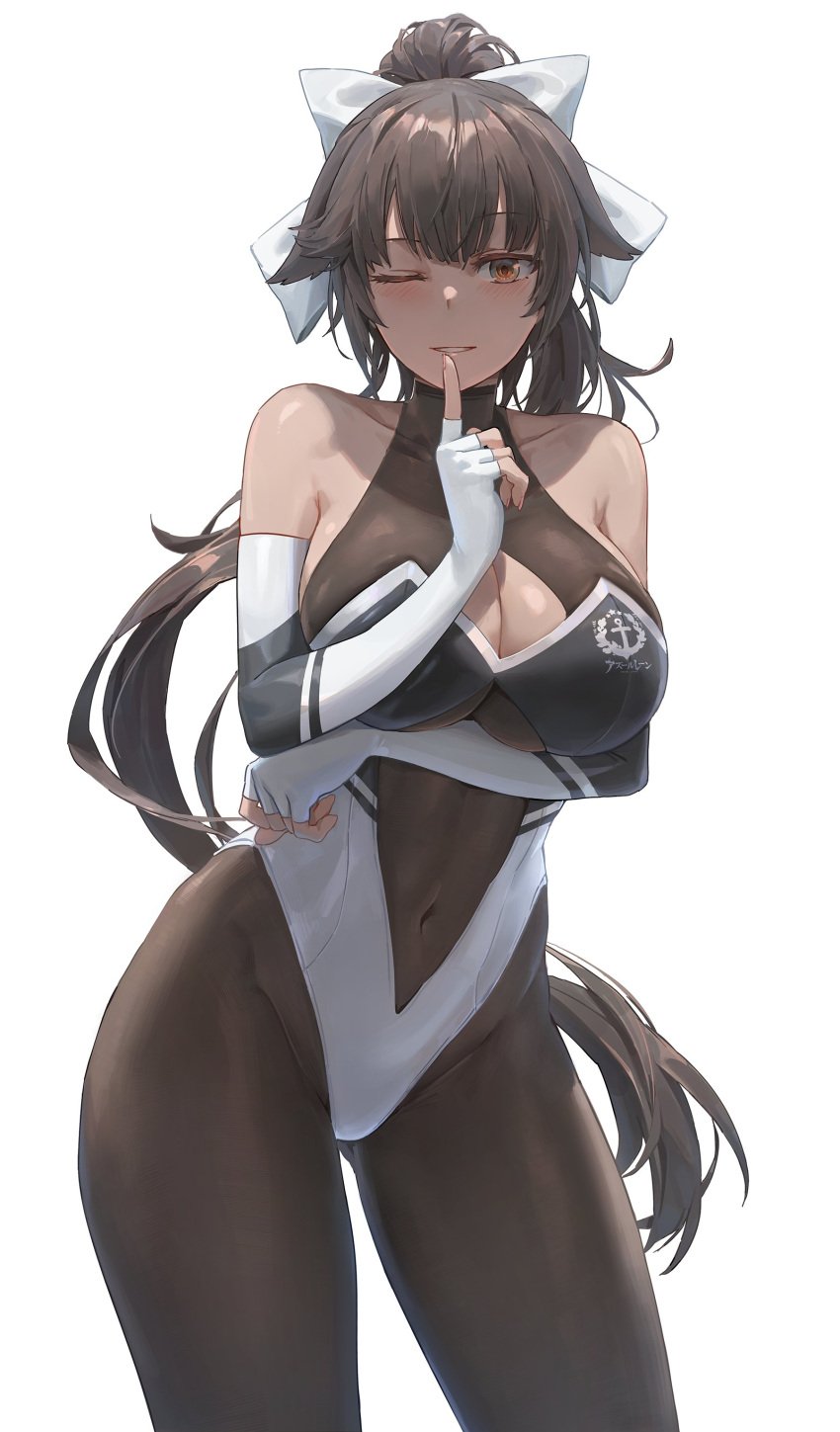 1girls 2021 arm_under_breasts armpit_crease azur_lane belly_button black_hair blush blushing bodystocking bow bow_in_hair breasts cleavage cleavage_window detached_sleeves exposed_shoulders female female_focus female_only finger_to_mouth hi_res highleg_leotard hips huge_breasts leotard long_hair looking_at_viewer one_eye_closed pale-skinned_female pale_skin ponytail race_queen simple_background skin_tight slim_waist smile standing takao_(azur_lane) takao_(full_throttle_charmer)_(azur_lane) thick_thighs thighs tight_clothing tight_fit white_background white_bow wide_hips wink winking yellow_eyes yohan1754