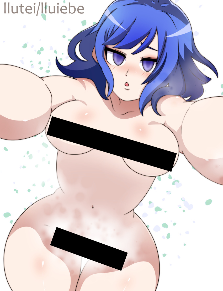 1girls blue_eyes blue_hair breasts censored completely_nude covered_nipples covering covering_crotch fire_emblem fire_emblem_heroes hug incoming_hug llutei medium_breasts medium_hair nifl_(fire_emblem) nintendo nude nude_female open_mouth solo solo_female steam steaming_body steamy_pussy wide_hips