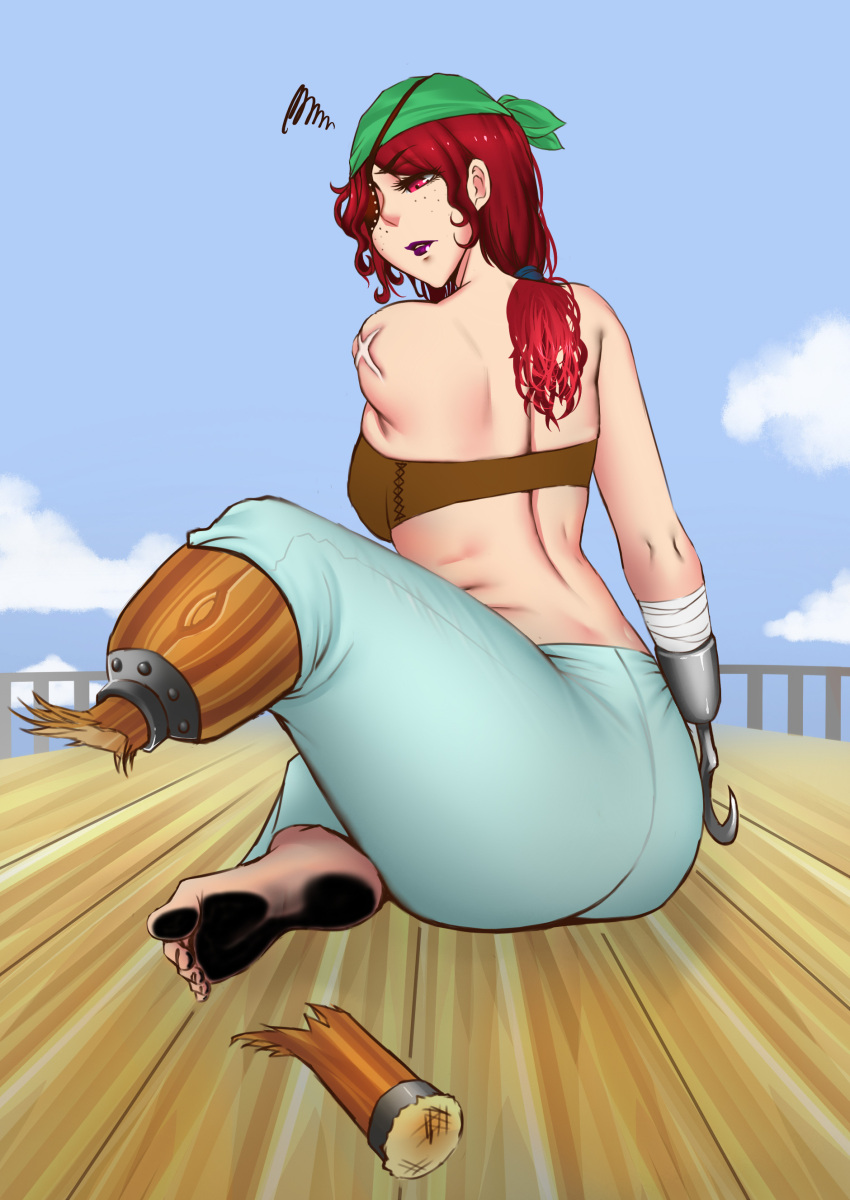 1girls absurdres amputee ass bandage bandana bandeau bare_back barefoot dirty dirty_feet eyepatch feet freckles full_body highres hook lipgloss low_ponytail ocean outdoors pants peg_leg pirate red_eyes red_hair scar sitting soles solo thighs tight tight_pants toes